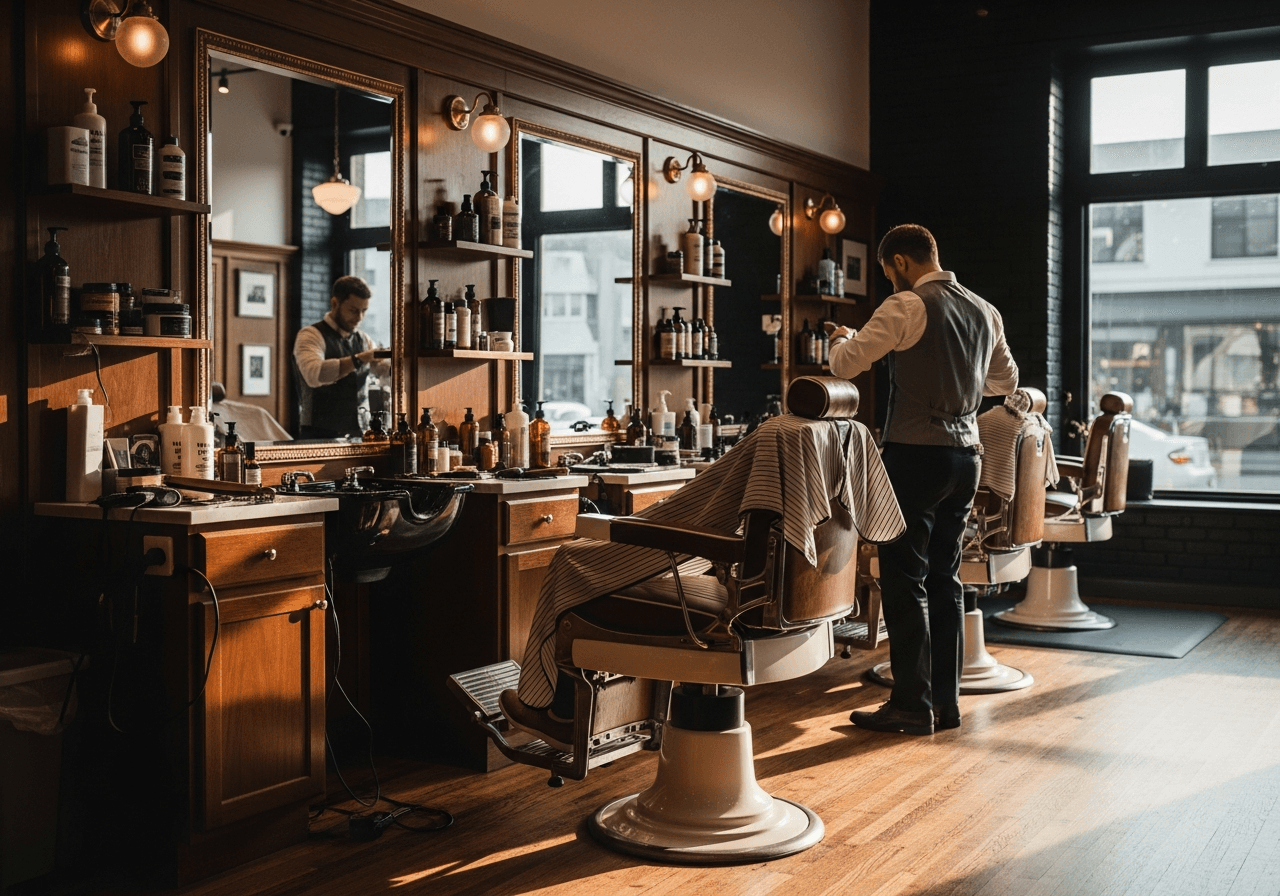 Inside The Hideout Barbershops — vintage leather chairs, brass fixtures, and dark wood